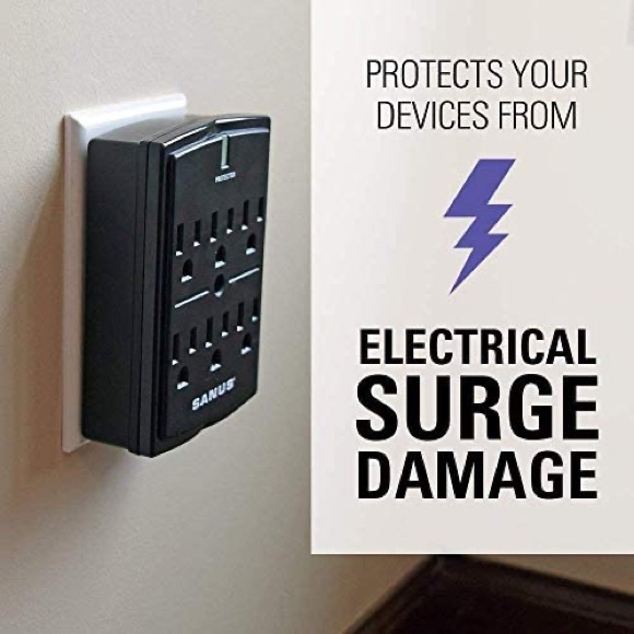 Black On-Wall Low Profile 1080J Fireproof Surge Protector 6 AC Outlets Extender. - Picture 3 of 7